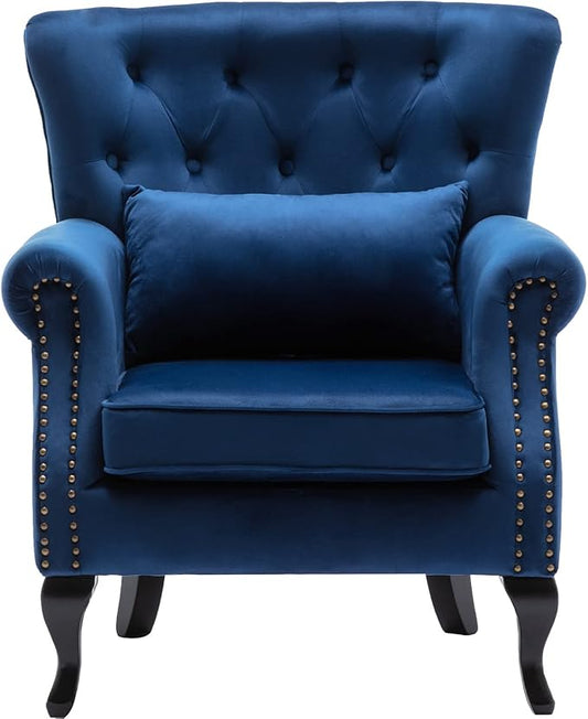 Mid-Century Accent Chair Modern Button Tufted Armchair Wingback Club Chair Velvet Single Sofa Lounge Chair with Pillow for Living Room Bedroom, Blue