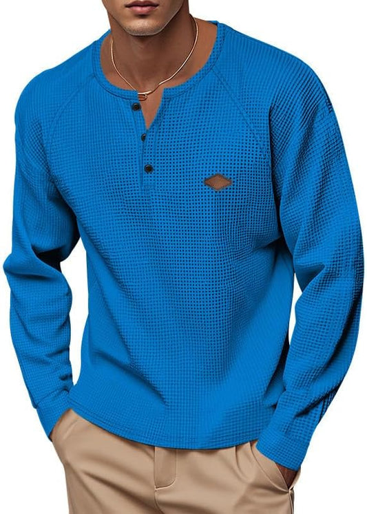 Men's Warm Waffle Top - 1/4 Button Round Neck Solid Color Casual Sweatshirt for Daily Vacation Wear