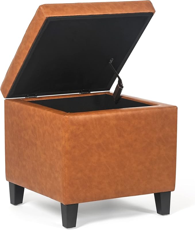 Leather Storage Ottoman with Hinged Lid, Square Foot Rest Stool Tufted Cube Footstool, Cognac Brown