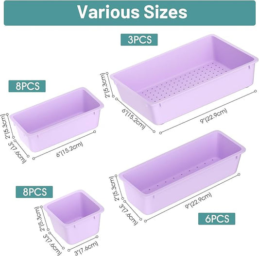 WOWBOX 25 PCS Plastic Drawer Organizer Set, 4 Sizes Desk Drawer Divider Organizers and Storage Bins for Makeup, Jewelry, Gadgets for Kitchen, Bedroom, Bathroom, Office, Purple