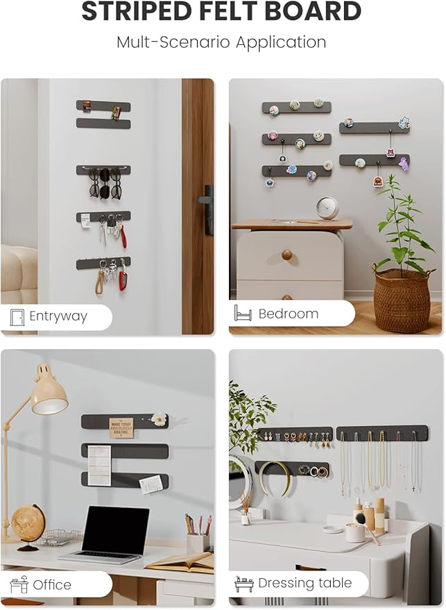 Cork Board Alternative Felt Strip Board 5-Pack 13"x2", Office Pin Board with 35 Push Pins, Adhesive Install for Bedroom Door & Home Office(Black)