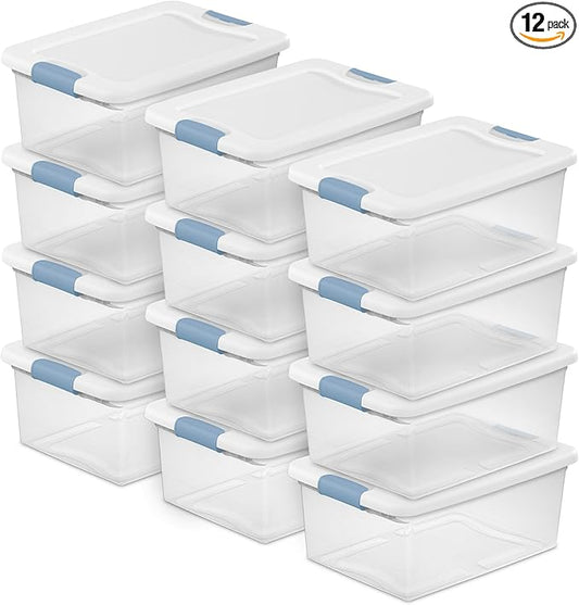 Sterilite 12-Pack Latching Box, Under Bed Storage Bins with Lids, Clear Plastic, 15 Quart - Heavy-Duty Organizing Containers for Closet, Bathroom, and Office