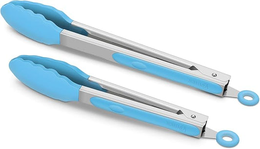 Set of 2 Kitchen Tongs, Premium Stainless Steel Locking 9-Inch & 12-Inch Silicone Grilling Barbeque Cooking Food Tong, Blue