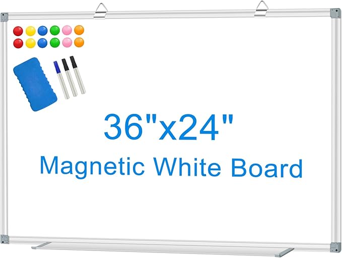 White Board Dry Erase Whiteboard for Wall 36" x 24" Aluminum Presentation Magnetic Whiteboards with Long Pen Tray, 12 Magnets, 3 Markers & 1 Eraser