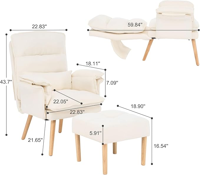 Modern Adjustable Accent Chair with Ottoman, Soft Fabric Reading Chair with Adjustable Backrest and Pillow, Comfy Lounge Chair with Armrests for Living Room, Bedroom, Apartment, Office, Dorm,Beige