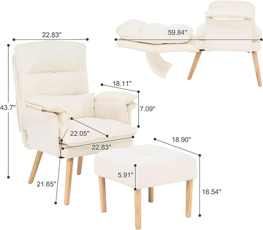 Modern Adjustable Accent Chair with Ottoman, Soft Fabric Reading Chair with Adjustable Backrest and Pillow, Comfy Lounge Chair with Armrests for Living Room, Bedroom, Apartment, Office, Dorm,Beige