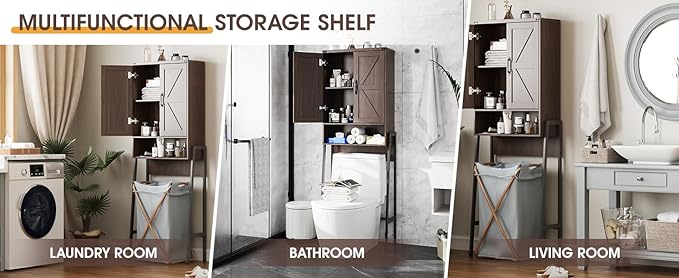 Over The Toilet Storage Cabinet with 2-Door Design Bathroom Organizers and Storage with Anti-Tip Device Over Toilet Organizer with Shelves for Bathroom,Restroom,Laundry Espresso