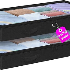 punemi Under Bed Storage Containers, Below 4 Inches Tall Low Profile Foldable Under Bed Storage,No Structure, Soft Fabric Blanket Storage and Clothing Storage with Zipper, 2 Pack, 20x40x3.7in, Black