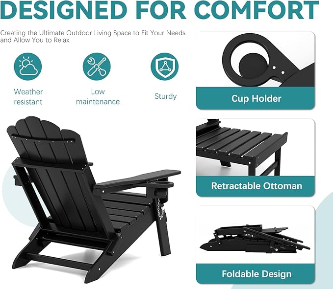 FOOWIN Adjustable Adirondack Chair with Retractable Ottoman Set of 8, Folding Adirondack Chair with Cup Holder, HDPE All-Weather Fire Pit Chair for Patio, Yard, Poolside, Black