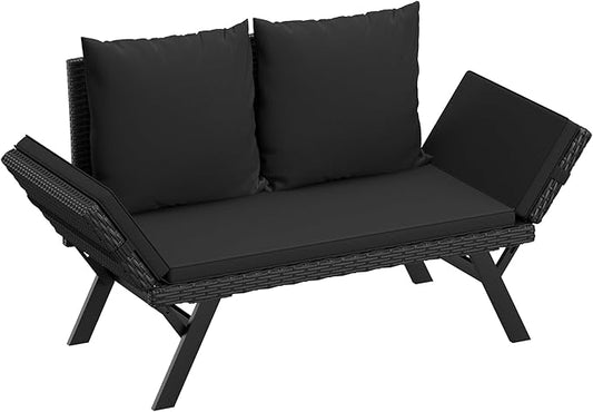 Flamaker Outdoor Convertible Sofa, Woven Rattan Patio Furniture Sunbed with Adjustable Armrests, Removable Cushions and Pillows for Patio, Porch, Pool (Black Lounger & Black Pillowcase)