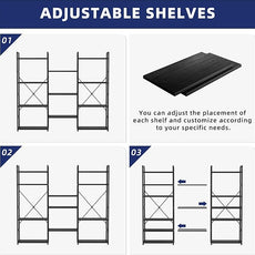 NUMENN Triple Wide 4 Tier Bookshelf, Adjustable Rustic Industrial Style Bookcases with 11 Open Display Shelves, Modern Tall Bookcase Furniture for Bedroom, Living Room and Home Office, Black