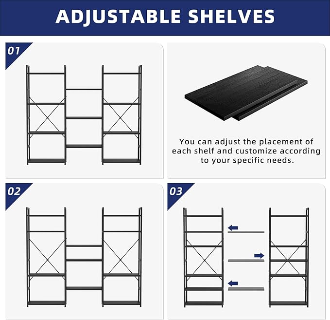 NUMENN Triple Wide 4 Tier Bookshelf, Adjustable Rustic Industrial Style Bookcases with 11 Open Display Shelves, Modern Tall Bookcase Furniture for Bedroom, Living Room and Home Office, Black