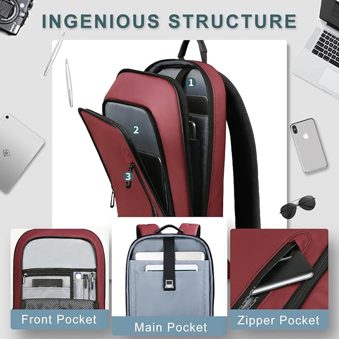 hk Backpack for Men Business Slim Backpack with USB Charger Computer Lightweight Anti-theft Travel (Red, 15.6 Inch)