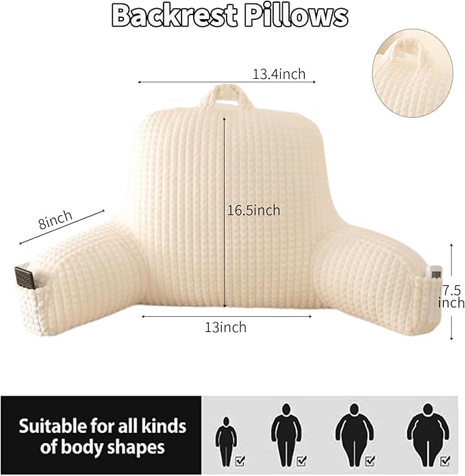 Reading Pillow for Sitting in Bed, Large Backrest Reading Pillow with Arm Rest,Back-Rest Support Cushion for Sit Up on Couch, Sofa, and Floor, Dorm Essentials (Cream Flannel, Standard(17inch))