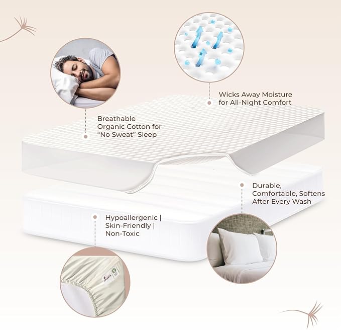100% Cotton Organic Mattress Pad - Breathable & Cooling Mattress Protector Twin Size - Premium 300GSM Quilted and Noiseless Machine Washable Organic Mattress Protector (White, Twin)