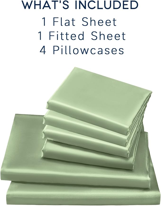 Satin Sheets King Size - 6 Pieces Luxury Silky Soft Bed Sheets, Wrinkle-Free Sage Green Satin Silk Sheet Set with 1 Deep Pocket Fitted Sheet, 1 Flat Sheet, 4 Pillow Cases