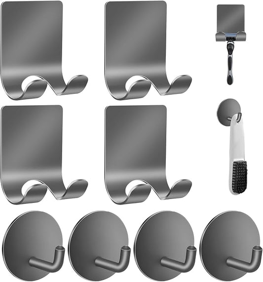 Diesisa Razor Holder for Shower + Adhesive Wall Hooks, Premium 304 Stainless Steel Shower Razor Holder with Heavy Duty Waterproof Sticky Hooks for Hanging Towels, Coat, hat (4+4 Pack) - Grey