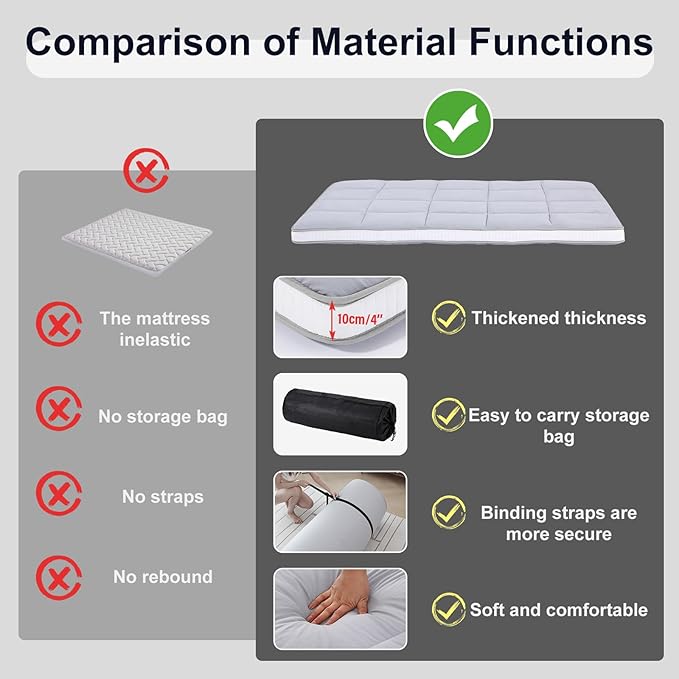 Tiita Futon Mattress 4” Thick Folding Roll Up Sleeping Pad with Bag & Strap, Bed Topper Mat for Guest, Lounger and Tavel, Gray,Queen Size