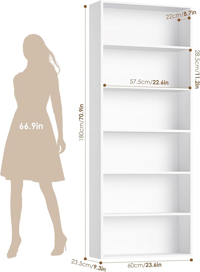FOTOSOK 6-Tier Open Bookcase and Bookshelf, Freestanding Display Storage Shelves Tall Bookcase for Bedroom, Living Room and Office, White