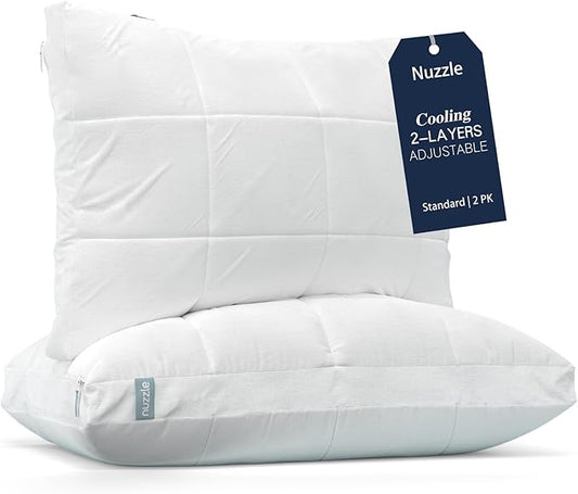 Nuzzle Cooling Adjustable Pillow for Side Sleepers, Luxury Standard Size Set of 2 Bed Pillow Hotel Collection - Best Adjust Height Soft Firm Pillow for Back, Stomach or Side Sleepers - Home Gifts