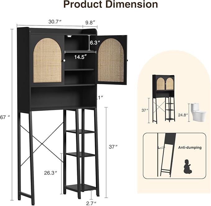 Rattan Over The Toilet Storage Cabinet with Adjustable Shelf, Bathroom Organizers and Storage with Metal Stand and Wood Rack, Tall Freestanding Shelf Space Saver, Black