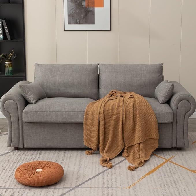 Panana Modern 2 and 3 Seats Loveseat Sofa Couch with Storage, Small Love Seat Couches for Living Room, Bedroom, Apartment, Office (Light Gray Linen Fabric, Ruched Arm - 3 Seater)