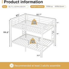 Queen Over Queen Bunk Bed, Metal Bunk Bed Frame Heavy Duty Bunk Beds Loft Bed Frame with Ladder and Guardrail Metal Slats No Box Spring Required for Adults Teens, White