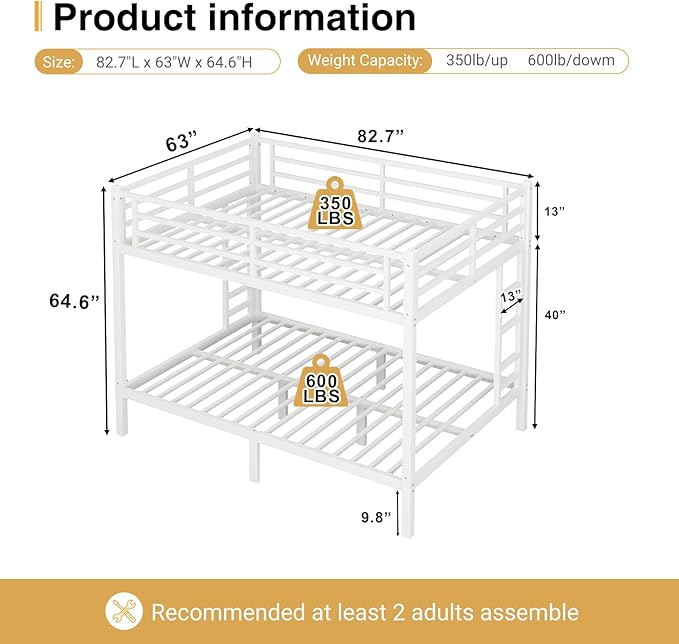 Queen Over Queen Bunk Bed, Metal Bunk Bed Frame Heavy Duty Bunk Beds Loft Bed Frame with Ladder and Guardrail Metal Slats No Box Spring Required for Adults Teens, White