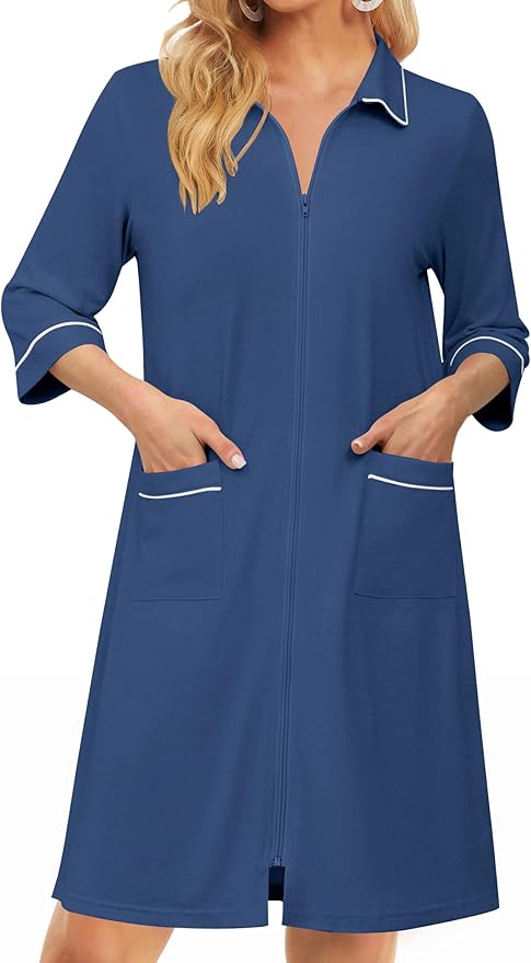 Ekouaer Zipper Robes for Women 3/4 Sleeve Housecoats Knee Length Bathrobe Lightweight Nightgown with Pockets S-3XL