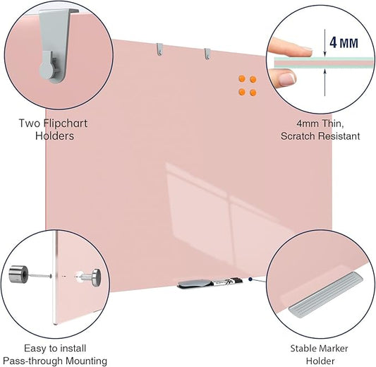 TSJ OFFICE Glass Dry-Erase Board - 48 x 32 Inches Wall Mounted Glass Whiteboard, Large Frameless Magnetic White Board for Office, Home & School, Pink