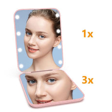 Kintion Rechargeable Pocket Mirror, Double Sided 1X/3X Magnification Compact Vanity Mirror, 3 Color Lights, Dimmable, Small and Portable Lighted Travel Mirror for Women Gifts, Wheat Straw Pink