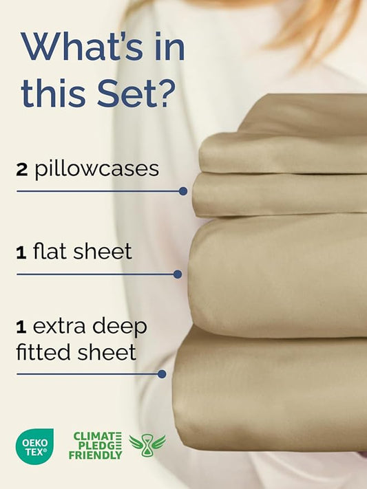 Extra Deep Pocket Queen Sheet Set - 4 Piece Breathable & Cooling Bed Sheets - Hotel Luxury Sheet Set - Ultra Soft, Wrinkle Free & Comfy - Easily Fits Extra Deep Mattresses - Deep Pocket Beige Sheets