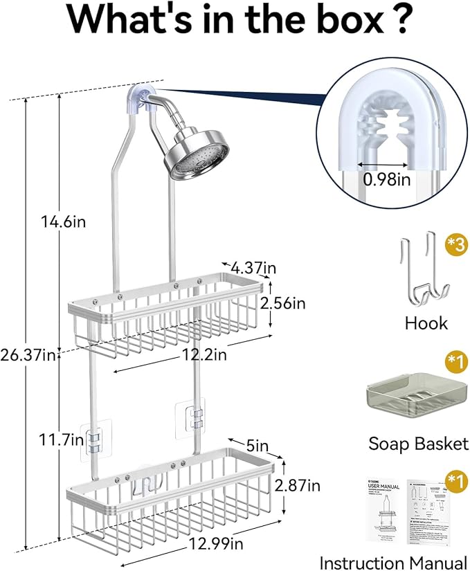 YASONIC Shower Caddy Hanging, Never Rust Shower Organizer Hanging, Aluminum Shower Racks for Inside Shower with Hooks for Razor, Bathroom Organizers and Storage with Soap Holder, Bright Silver
