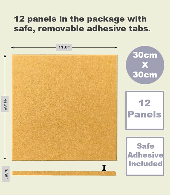 Felt Wall Tiles | Large Cork Board Alternative | Aesthetic Felt Bulletin Board for Office, Home & Classroom | Large Cork Boards for Walls Pinboard (12-Pack) | Mustard