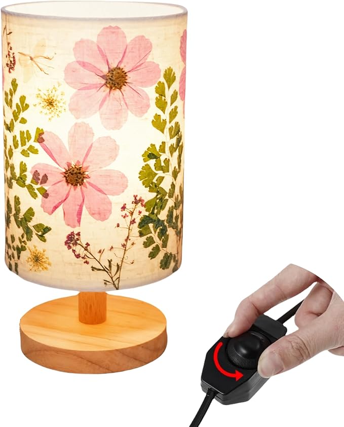 Dried Flowers Small Table Lamp 9W LED Dimmable Warm Light Pressed Flower Bedside Lamp Linen Shade with Wood Base for Bedroom Living Room Desk Nursery