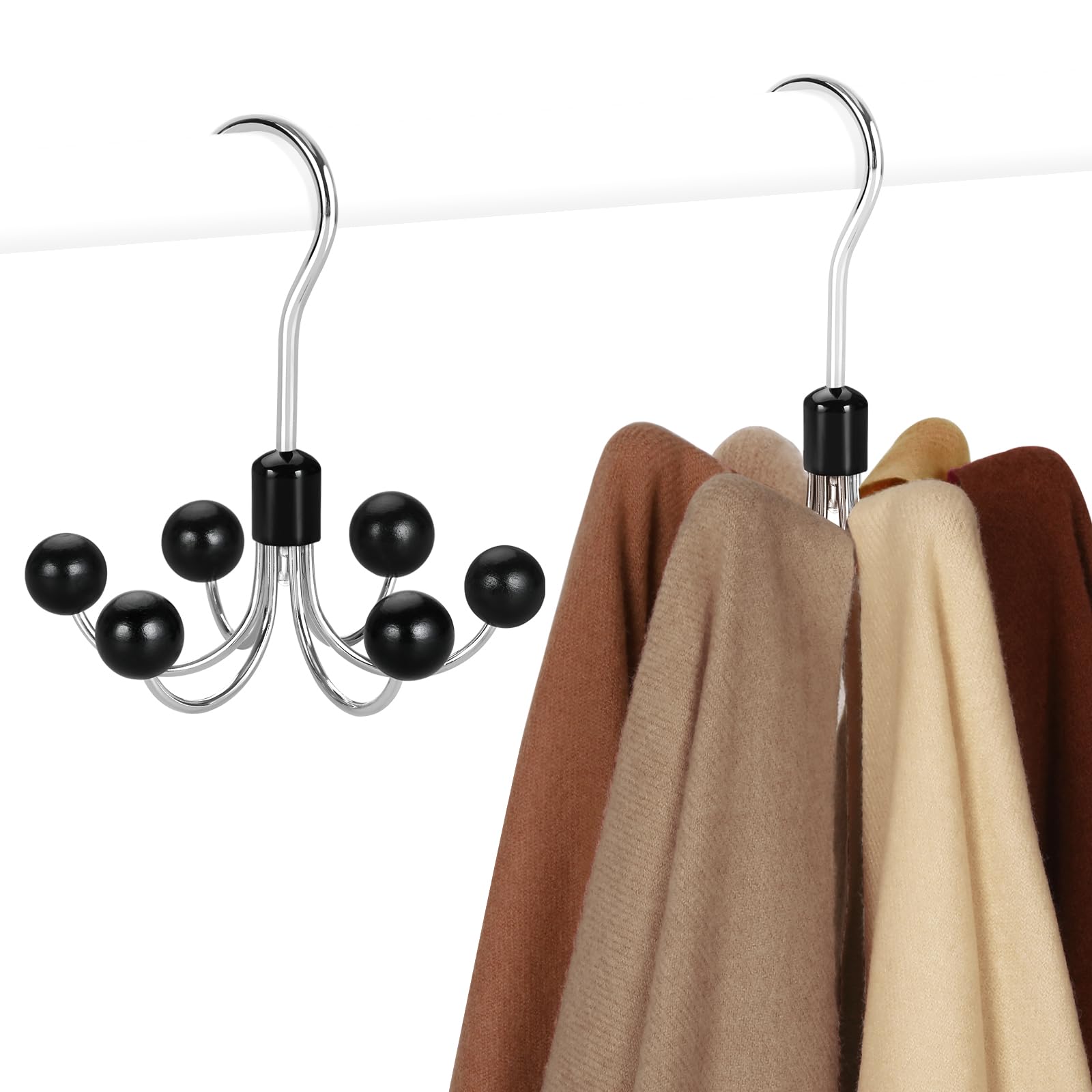 TOPIA HANGER Hoodie Hangers with 6 Wood Balls, 360°Swivel Purse Hanger, Scarf Hanger, Closet Hooks, Handbag Organizer, Bra Hanger, Accessory Organizers for Scarf, Tanktop, Hat, Hoodie CT56W