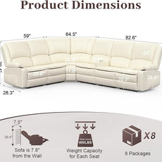 Manual Reclining Sectional Sofa Set, 6 Seats Soft Leather Recliner Corner Sectional Couch, Family-Sized L-Shaped Recliner Couch with USB Charging, Thickened Padding, Sturdy Frame, White