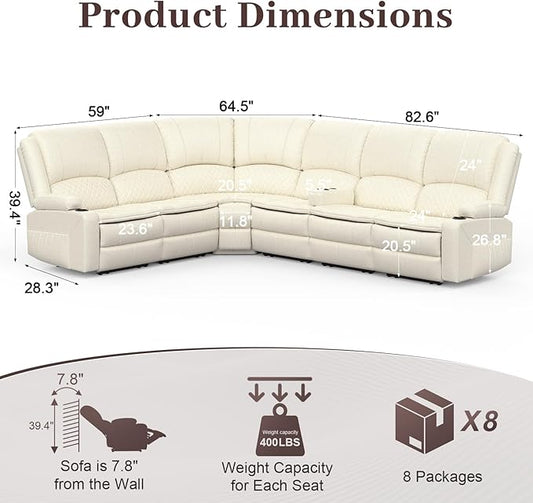 Manual Reclining Sectional Sofa Set, 6 Seats Soft Leather Recliner Corner Sectional Couch, Family-Sized L-Shaped Recliner Couch with USB Charging, Thickened Padding, Sturdy Frame, White