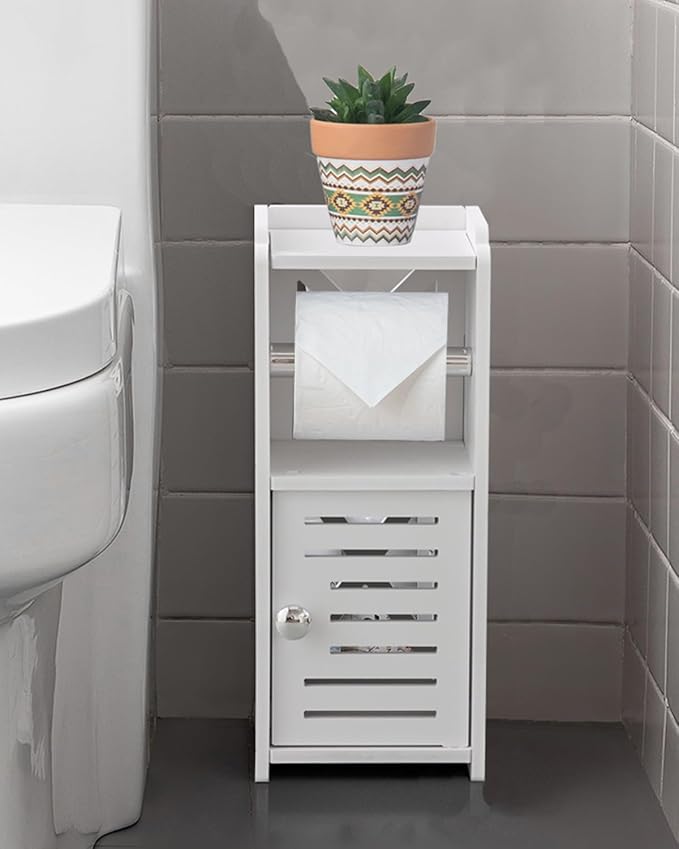 AOJEZOR Toilet Paper Holder Stand: Free Standing PVC Bathroom Cabinet - Small Bathroom Storage for Apartment Dwellers - White