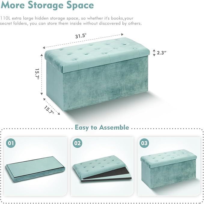B FSOBEIIALEO Folding Storage Ottoman, Long Ottomans Shoes Bench, Velvet Storage Chest Footrest Seat 31.5"x15.7"x15.7" (Teal, Large)