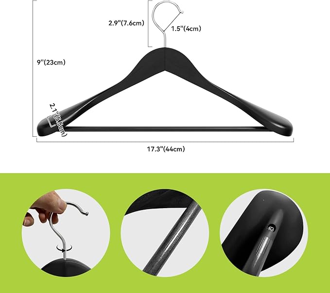 Solid Wood Suit Hangers, 6 Pack, Coat Hangers with Non Slip Trouser Bar, 360° Swivel Hook, Heavy Duty Wide for Suit, Coat, Jacket, Trousers, Pants,17.3" W x 9" H, Black AWY0406B