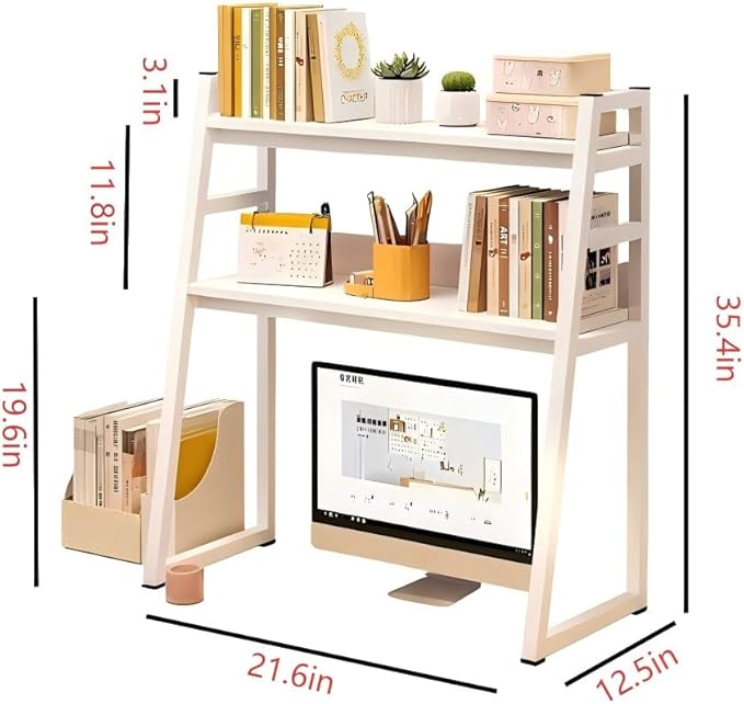 2-Tier Desktop Bookshelf, Wood Hutch Shelf Organizer, 29.9 x 12.6 x 35.4 inches, Study Room Storage Rack (White, 22 * 12 * 35in)