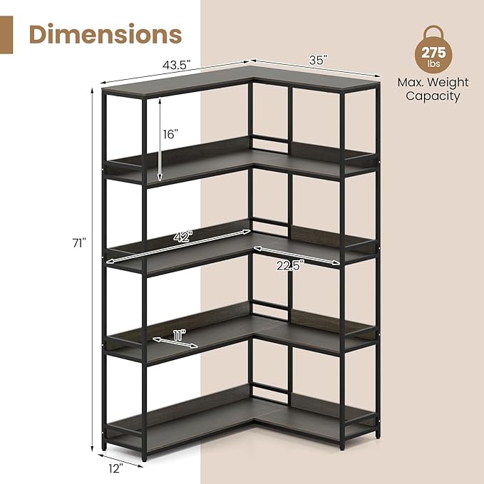 Giantex 5-Tier Corner Bookshelf, 71" L-Shaped Bookcase, Tall Etagere Bookshelf with Metal Frame, Industrial Open Display Shelf, Vertical Storage Rack for Living Room, Study, Office (Oak)