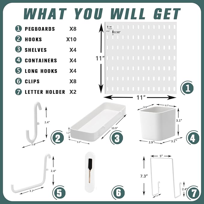Pegboard Combination Kit, Wall Mounted Storage Set with 8 Pegboards & 28 Accessories Hanging, Peg Boards Organizer for Walls Display, Crafts Organization, Kitchen Organizer, 22" x 44" White