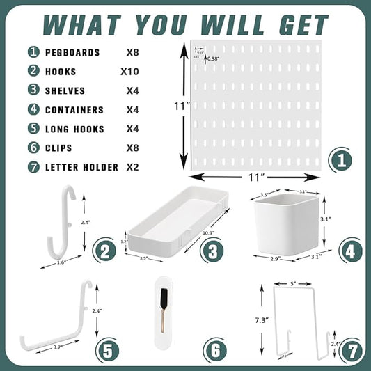 Pegboard Combination Kit, Wall Mounted Storage Set with 8 Pegboards & 28 Accessories Hanging, Peg Boards Organizer for Walls Display, Crafts Organization, Kitchen Organizer, 22" x 44" White