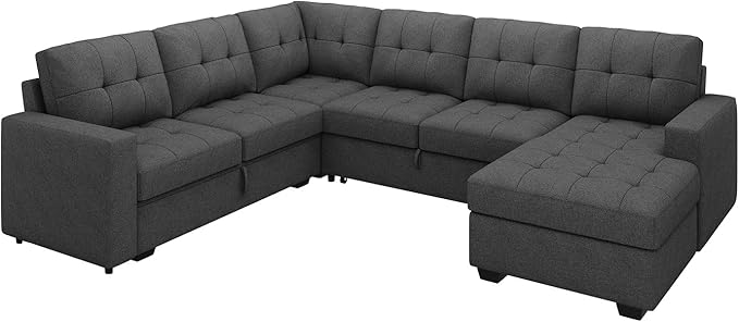 HONBAY Sectional Sleeper Sofa Pull Out Bed with Storage Chaise, Sectional Sofa Couch, Sleeper Couch Bed for Living Room, Dark Grey