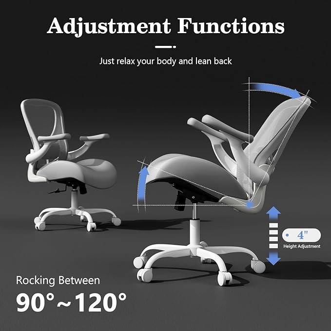 GYI Office Chair Ergonomic, Computer Desk Chair with Memory Foam Seat, Technical Mesh Back, 3D Flip-up Arms, Adjustable Lumbar Support&Height, Wheels for Home or Office, Grey&White