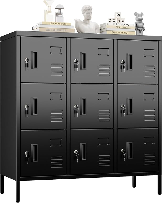 Aobabo 9 Doors Steel Storage Locker Cabinet for Employees, Metal Locker for School Office Gym Bedroom, Industrial Storage, Black, Assembly Required