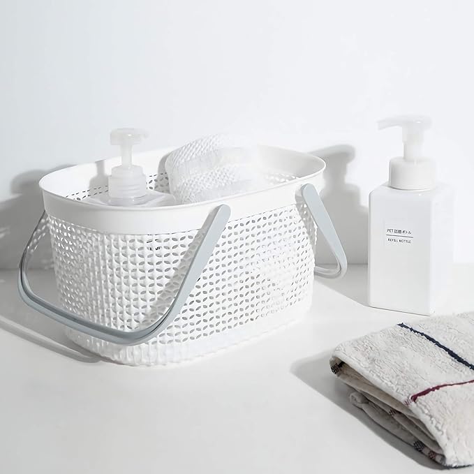 rejomiik Portable Shower Caddy Basket, Plastic Organizer Storage Tote with Handles for Bathroom, College Dorm, Kitchen, White