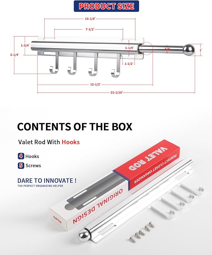 12 inch Valet Rod for Closets Pull Out Closet Valet Rod Slide Out With 4 Hooks Silver Pull Out Clothes Hanger